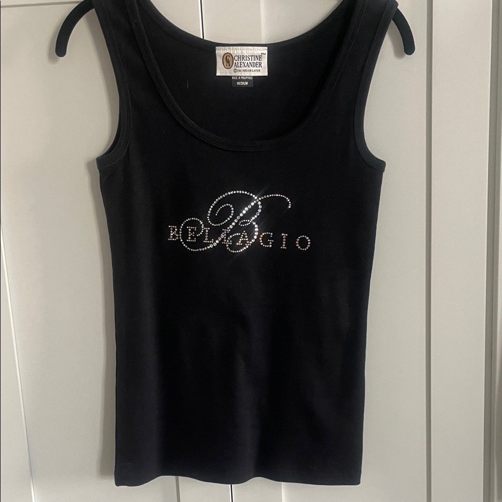 Christine Alexander Black Ribbed Tank Top with Swarovski Crystal Embellishments.
